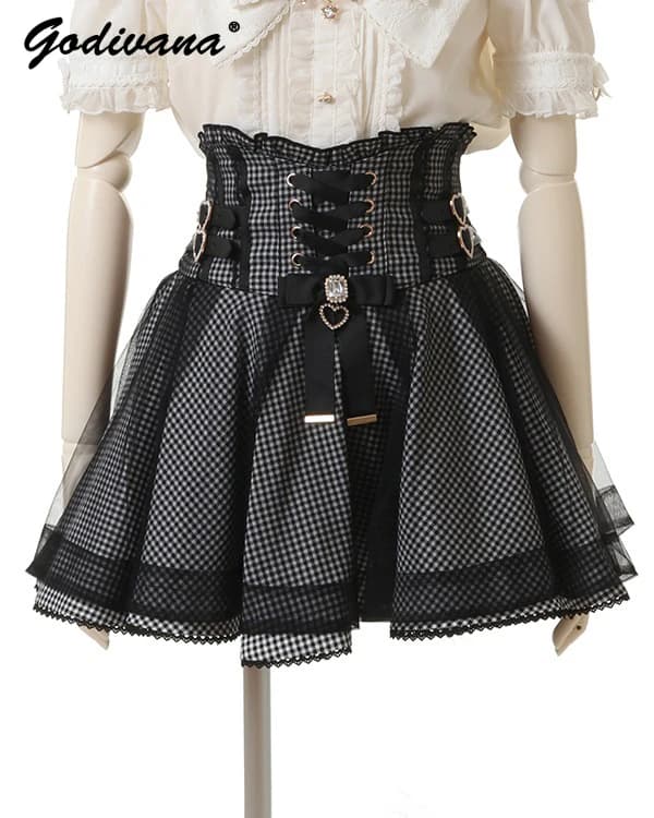 Japanese Liz New Summer Lace Edge Leather Ring High Waist Pleated Skirt Ribbon Bow All-match Short Skirts Big Bow Lolita Blouses