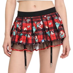 Womens Schoolgirl Role Play Mini Skirt with Garters Pleated Plaid Layer Tulle Lining Elastic Waistband Skirts Nightclub Lingerie