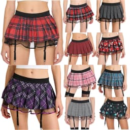 Womens Schoolgirl Role Play Mini Skirt with Garters Pleated Plaid Layer Tulle Lining Elastic Waistband Skirts Nightclub Lingerie