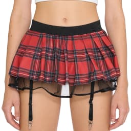 Womens Schoolgirl Role Play Mini Skirt with Garters Pleated Plaid Layer Tulle Lining Elastic Waistband Skirts Nightclub Lingerie