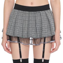 Womens Schoolgirl Role Play Mini Skirt with Garters Pleated Plaid Layer Tulle Lining Elastic Waistband Skirts Nightclub Lingerie