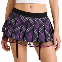 Womens Schoolgirl Role Play Mini Skirt with Garters Pleated Plaid Layer Tulle Lining Elastic Waistband Skirts Nightclub Lingerie