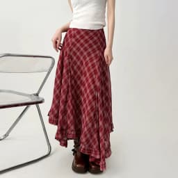 Spring Summer Vintage Two-Tone Plaid Midi Asymmetrical Hem A- Line Skirt Large Flounce Midi Length Silk Half Body Skirt