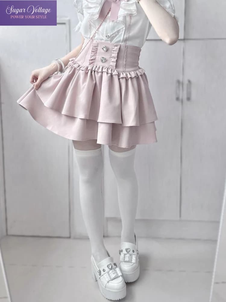 Japanese Cute Sweet Y2k Lolita Cake Skirt Women Hight Waist Rhinestone Plaid Ruffled Layered Skirts Kawaii A-Line Mini Skirts