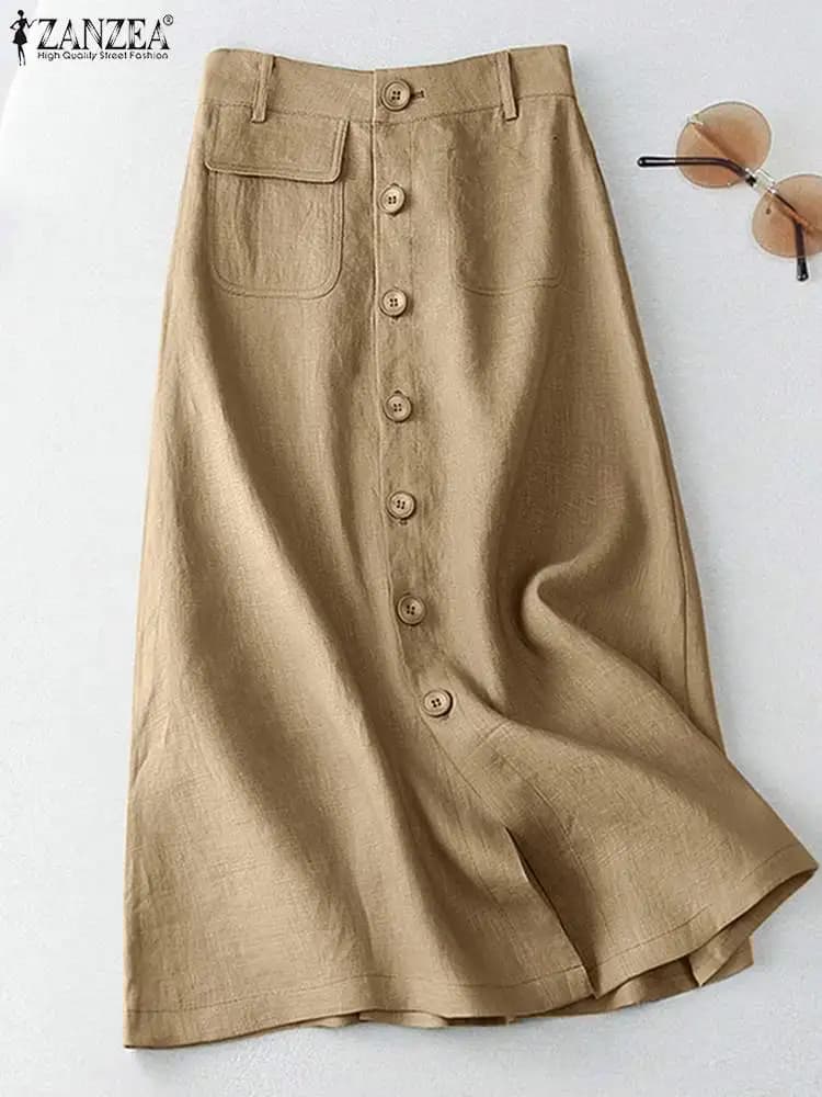ZANZEA  Elegant Cotton Midi Skirts Casual Button Up A-line Skirt Women High Waist Jupe 2024 Summer Solid Temperament Falda Mujer