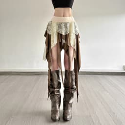 Hotsweet Girl Lace Fringe Skirt Y2k Aesthetic Cyber Grunge Irregular Mini Skirt Women 90s Vintage Fairy Coquette Short Skirt