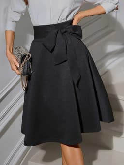 Fairyshely Casual Knitted Black Skirt Women 2026 Summer Lace-up High Waist Knee Skirt Ladies Elegant Solid A line Pleated Skirt