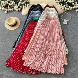 Korean Style Polka Dot Print Pleated A-line Long Skirts Women 2026 Spring Summer High Waist Casual Skirt