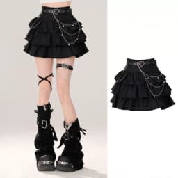 Belt Metal Chain Punk Mini Skirts for Women Summer High Waist Pleated Black Cake Skirt Woman Streetwear A Line Short Skirt Mujer