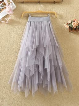 Women Irregular Tulle Skirts Fashion Elastic High Waist Mesh Tutu Skirt Pleated Long Skirts Midi Skirt Saias Faldas Jupe Femmle
