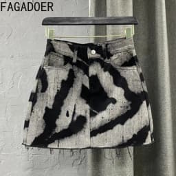 FAGADOER Women Gray Tie Dye Denim Mini Skirt High Waist A-line Jean Skirt Button Pocket Sexy Y2K Streetwear Printed Short Skirt