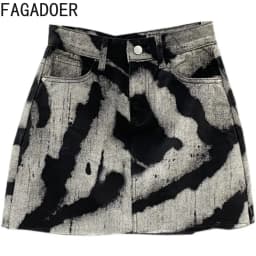 FAGADOER Women Gray Tie Dye Denim Mini Skirt High Waist A-line Jean Skirt Button Pocket Sexy Y2K Streetwear Printed Short Skirt