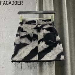 FAGADOER Women Gray Tie Dye Denim Mini Skirt High Waist A-line Jean Skirt Button Pocket Sexy Y2K Streetwear Printed Short Skirt