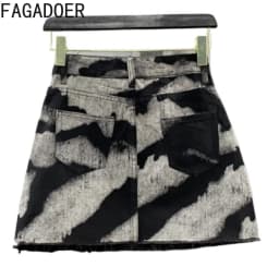 FAGADOER Women Gray Tie Dye Denim Mini Skirt High Waist A-line Jean Skirt Button Pocket Sexy Y2K Streetwear Printed Short Skirt