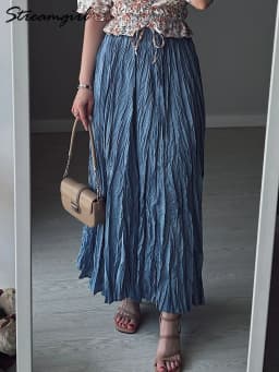 Streamgirl Women Summer Skirts Long Pleated A Line Elegant Solid Big Swing Maxi Skirt Ladies Blue White Beach Skirt Women Luxury