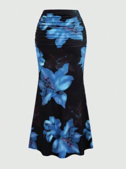 Women's Pleated A-Line Skirt Vintage Flower Printed Ruched Bodycon Skirts Summer Leisure Vacation Long Skirt