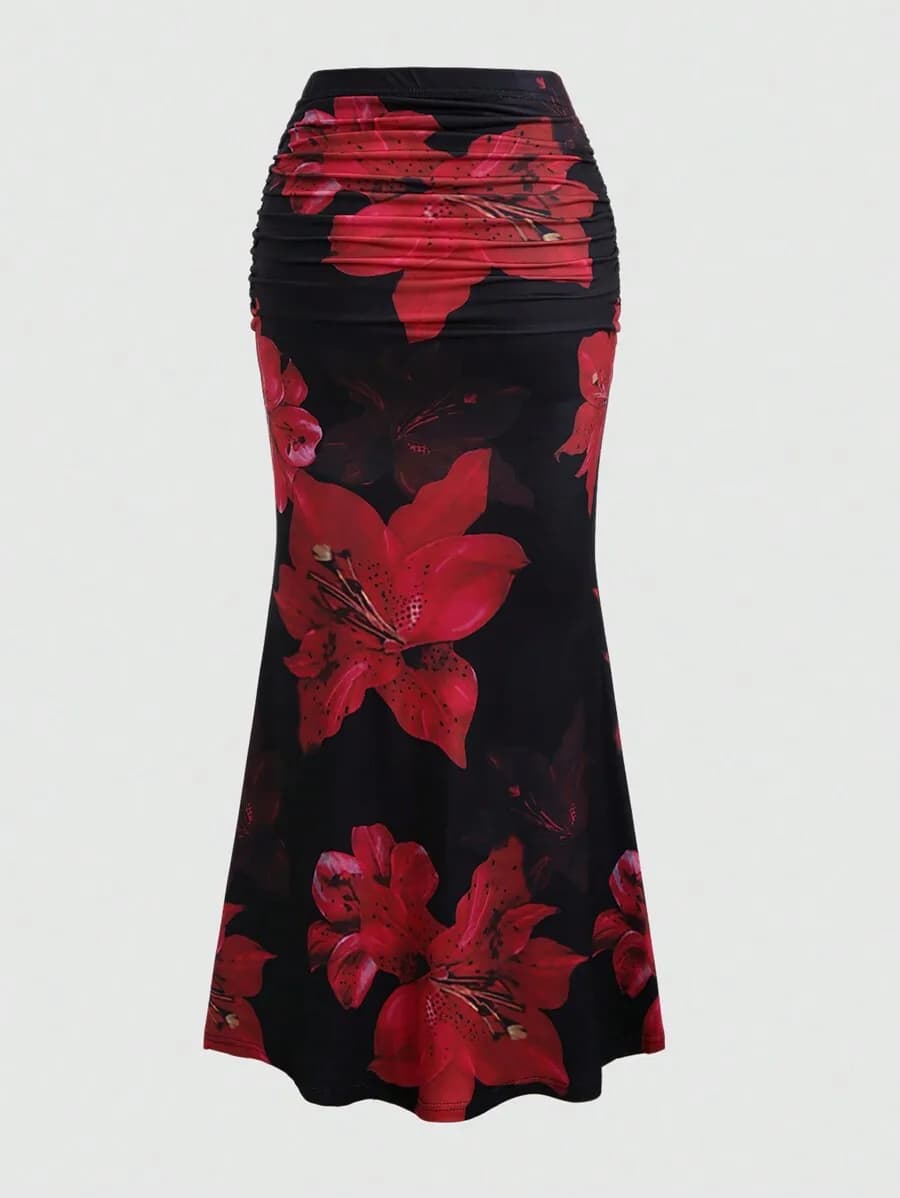 Women's Pleated A-Line Skirt Vintage Flower Printed Ruched Bodycon Skirts Summer Leisure Vacation Long Skirt