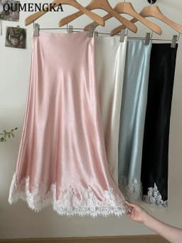OUMENGKA Summer French Elegant Satin Mermaid Skirt Women Lace Patchwork Waist Elastic Long A-line Skirts Fashion Ladies