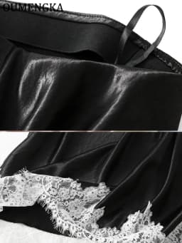 OUMENGKA Summer French Elegant Satin Mermaid Skirt Women Lace Patchwork Waist Elastic Long A-line Skirts Fashion Ladies