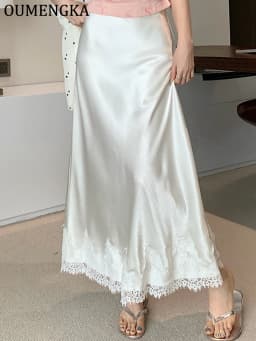 OUMENGKA Summer French Elegant Satin Mermaid Skirt Women Lace Patchwork Waist Elastic Long A-line Skirts Fashion Ladies