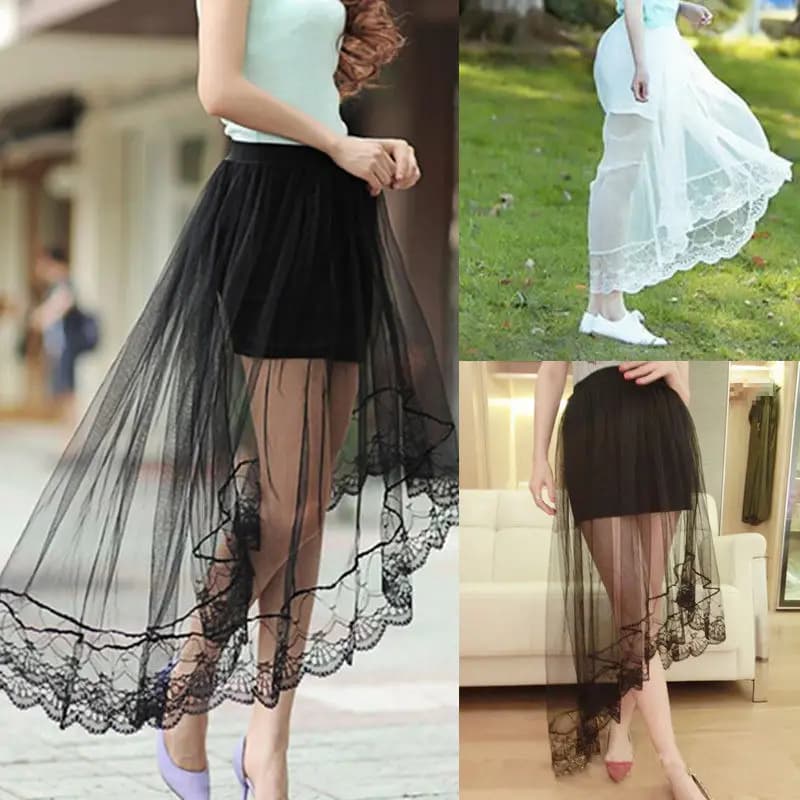 2022 Vintage Women Stretch High Waist Lace Skirt Women Skater Flared Pleated Swing Long Summer Skir