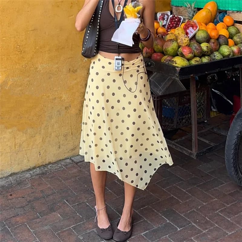 Y2K Polka Dot Print Chiffon Midi Skirt for Women High Waist Asymmetrical Hem A Line Flowy Skirt Summer Vacation Streetwear