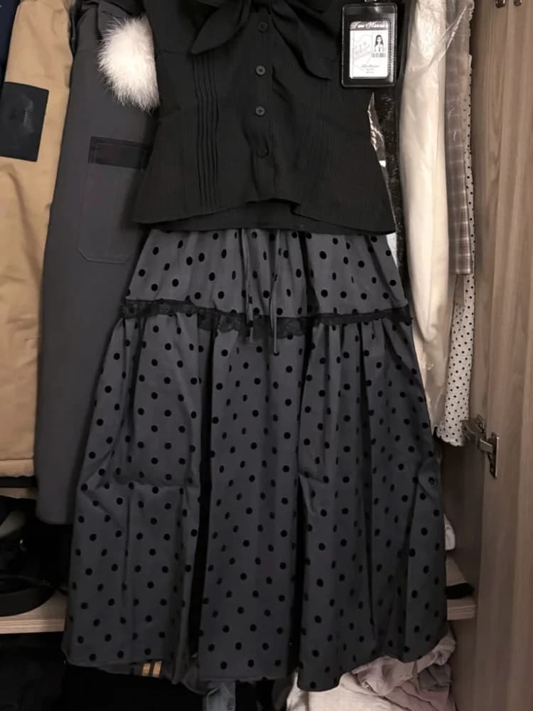New Vintage Aesthetic Grey Design Polka Dot Skirts Women American Retro Cute Skirts Japanese A-line Lace Korean Popular Clothes