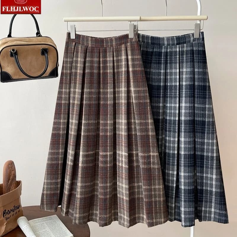 Woolen Skirts New Fashion 2025 Autumn Winter Basics Woman Cute Sweet Girls Japan Preppy Style Retro Vintage Long Plaid Skirt