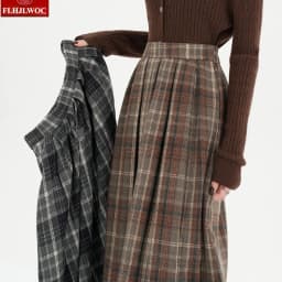 Woolen Skirts New Fashion 2025 Autumn Winter Basics Woman Cute Sweet Girls Japan Preppy Style Retro Vintage Long Plaid Skirt