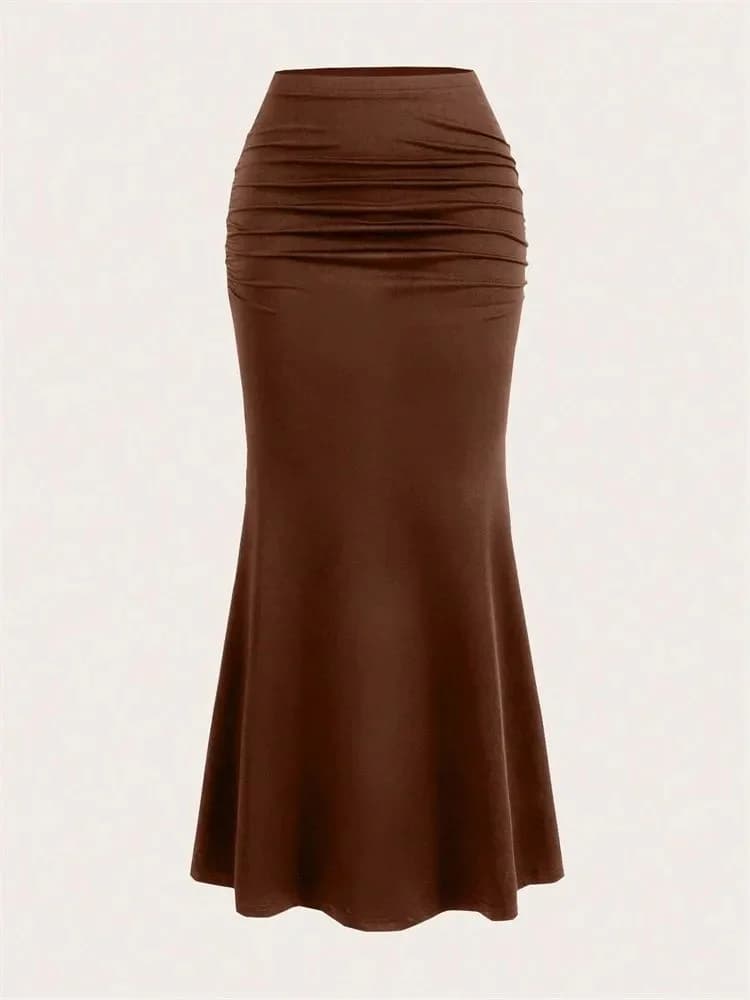 Solid Bodycon Ruched Long Skirt Women Sexy Black Elastic Elegant High Waist Mermaid Maxi Skirts Summer Streetwear