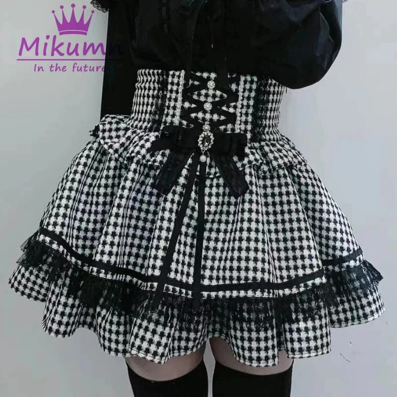 Mikumn Harajuku Gothic Lolita Sweet Lace Ruffles Plaid Cake Skirts Women Y2k Rhinestone Bow Lace-up High Waist A-line Mini Skirt