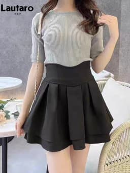 Lautaro Spring Summer Short Black Sweet Cute Kawaii Tiered Mini Skirt Women High Waist Cutecore Clothing Japanese Style Fashio