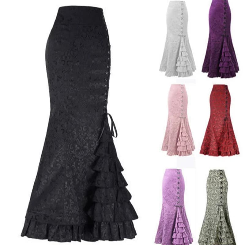 Streetwear Jacquard Weave Fishtail Skirt Women's Lace-up Ruffled Trumpet-mermaid Skirts Party Elegant Maxi Skirts Spring Autumn