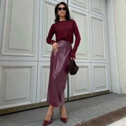 ZAROY Burgundy Leather Midi Skirt Women Elegant High Waist Slim Split Pencil Skirt Sexy Vintage Party PU Skirt Jupe юбка д