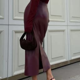 ZAROY Burgundy Leather Midi Skirt Women Elegant High Waist Slim Split Pencil Skirt Sexy Vintage Party PU Skirt Jupe юбка д