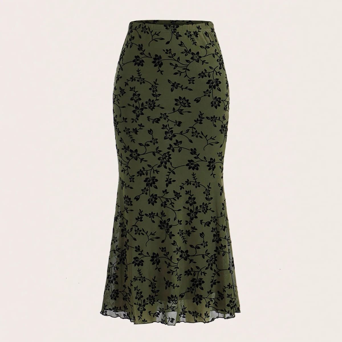 Elegant Dark Green Long Skirts Women 2025 Autumn Casual Floral Half-body Fishtail Slim Maxi Skirt