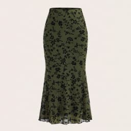 Elegant Dark Green Long Skirts Women 2025 Autumn Casual Floral Half-body Fishtail Slim Maxi Skirt