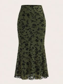 Elegant Dark Green Long Skirts Women 2025 Autumn Casual Floral Half-body Fishtail Slim Maxi Skirt