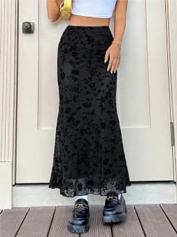 Elegant Dark Green Long Skirts Women 2025 Autumn Casual Floral Half-body Fishtail Slim Maxi Skirt