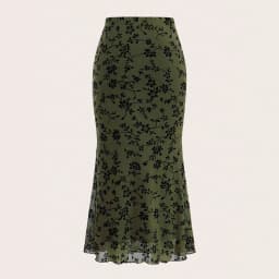 Elegant Dark Green Long Skirts Women 2025 Autumn Casual Floral Half-body Fishtail Slim Maxi Skirt
