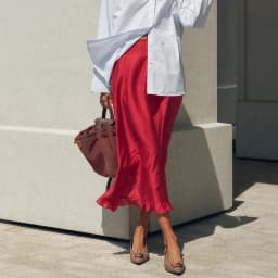 Linad Street Chic Red Long Trumpet Skirts For Woman 2026 Autumn Vintage Loose High Waist Skirts Casual Ruffles Mid Calf Skirt