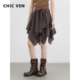 CHIC VEN Women Skirts A Line Elastic Waist Strap Ties Irregular Plaid Half Length Skirt Female Short Skirt Woman Summer 2025