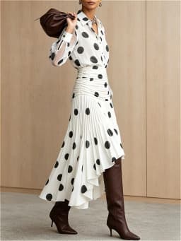 Modigirl Women's Vintage Polka Dot Asymmetric Pleated Skirt 2026 High-waisted Chiffon Versatile for Daily Office Autumn Wear