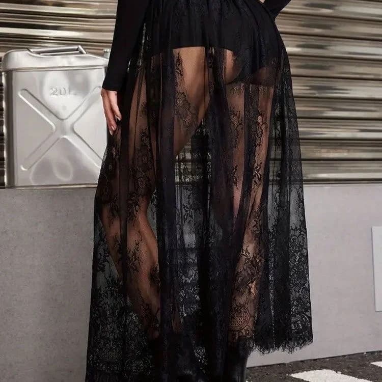 Sexy Lace See-through Half Skirt A-Line Long Evening Club Skirt Spring Summer Elastic mid Waist Nylon Fabric Hollow out Design