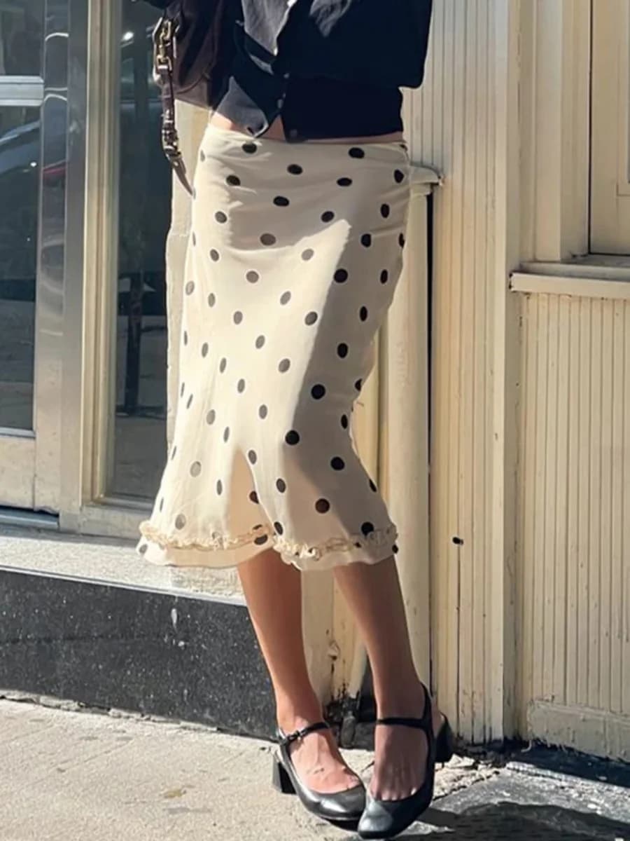 Fashion Women Dot Print Skirts 2000s Vintage Y2K Aesthetic See Through Low Rise Ruffled Hem White& Black Sheer Skirt Streetwear