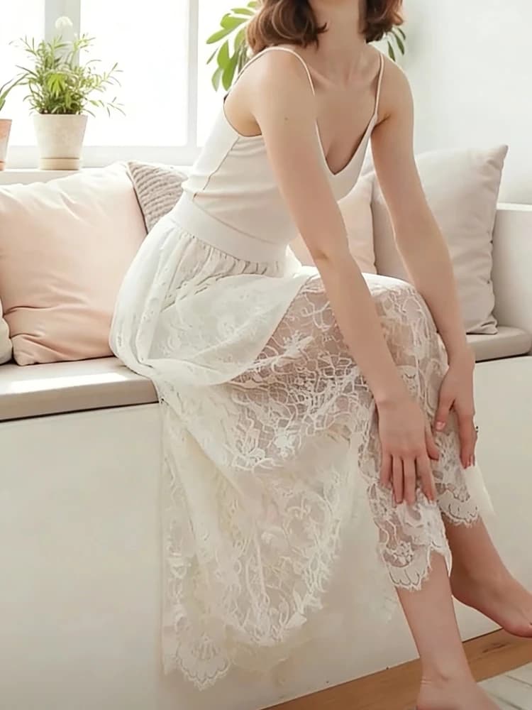 Summer Women Mesh Lace Transparent Long Tulle Skirt Korean Fashion Sexy Ladies Elastic High Waist Solid Beach Midi Skirt