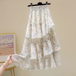 Hot Sale Floral Skirt Women New Summer 2025 Sweet Ruffled A-line Chiffon Long Skirt Woman Korean Clothing