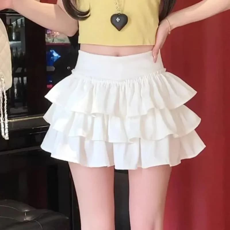 Korean Puffy Ruffles Cake Mini Skirt Women Kawaii Cute High Waist A-Line Skirts Girl's Fashion Streetwear Anti-Glare Short Skirt