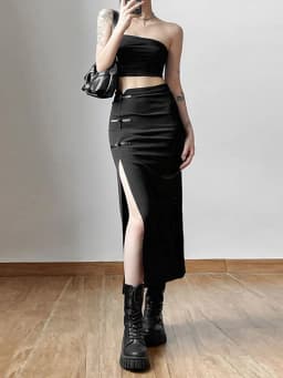 Black Sexy Split Simple Casual All-Match Hot Street Outing Cool Mature Vitality Personality Trend Basic Women'S Skirt