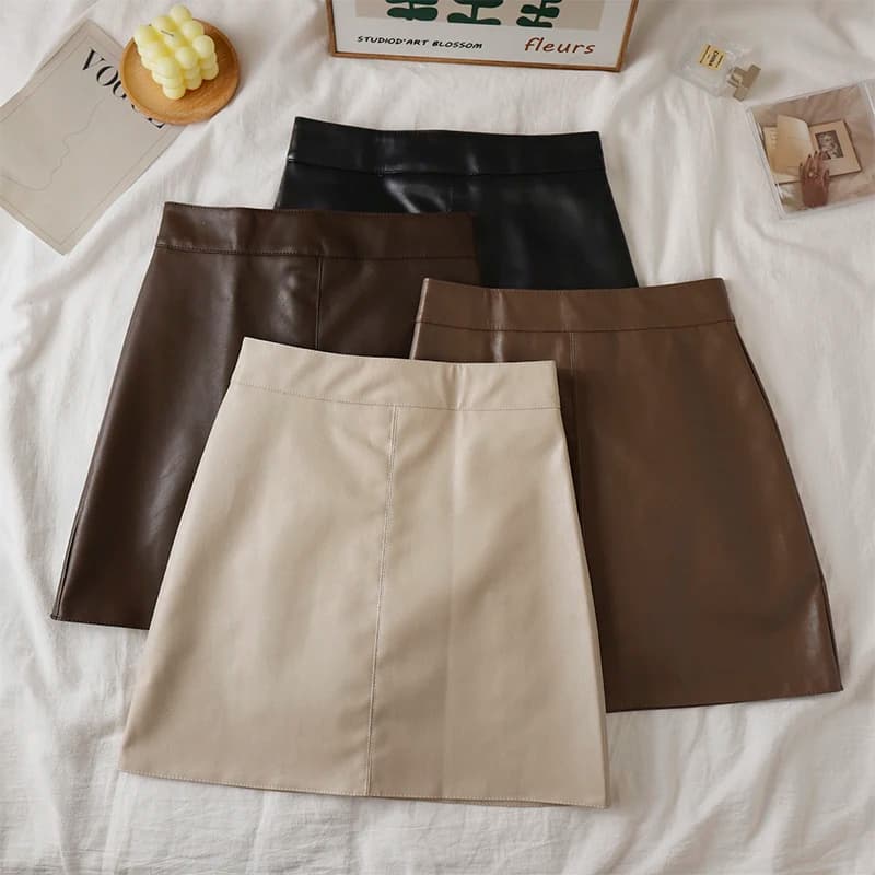 Faux Leather Mini Skirt for Women High Rise A-line PU Short Skirt with Built-in Shorts Black Brown Autumn Winter Trend Outfit